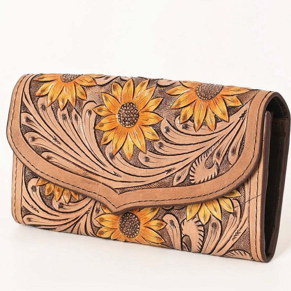 Western Sunflower Hand Tooled Genuine Leather Wallet New